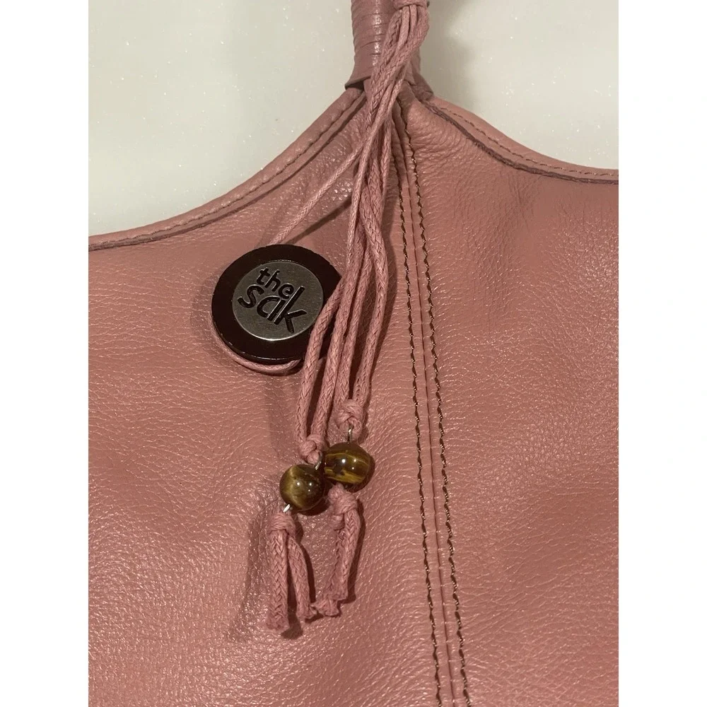 The Sak Leather Shoulder Bag Pink Tassels‎ Stitch Fun Lining Hobo EUC Boho